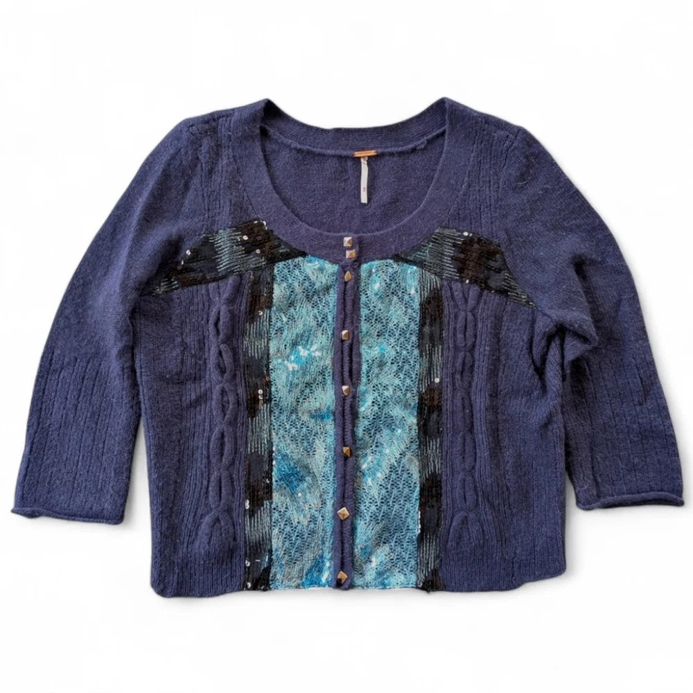 Free People Navy Angora Blend Croppe Cardigan Sequin Stud Buttons Size M